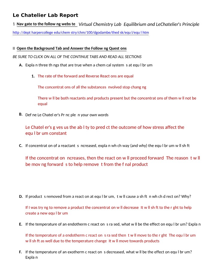 Lab Report for Le Chatelier
