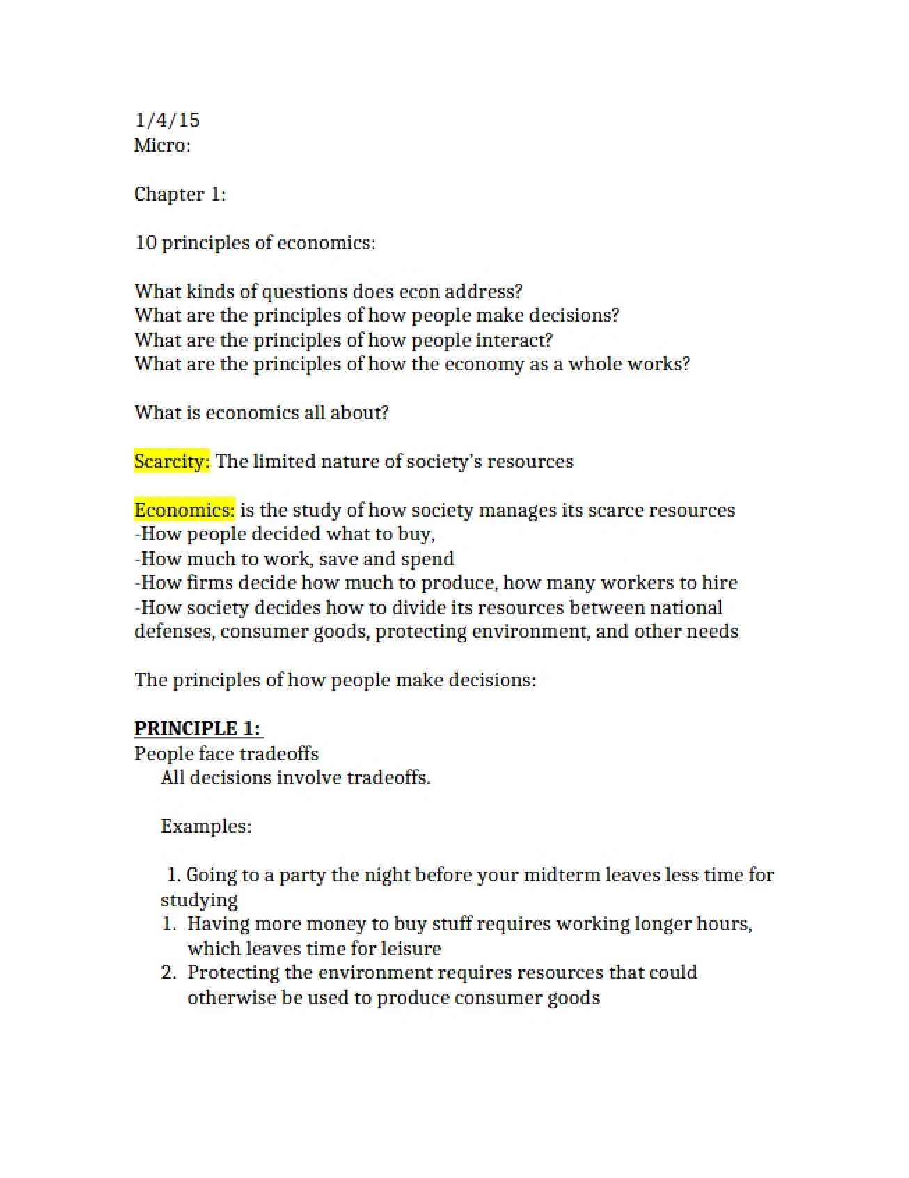 Microeconomics Principles Chapter One