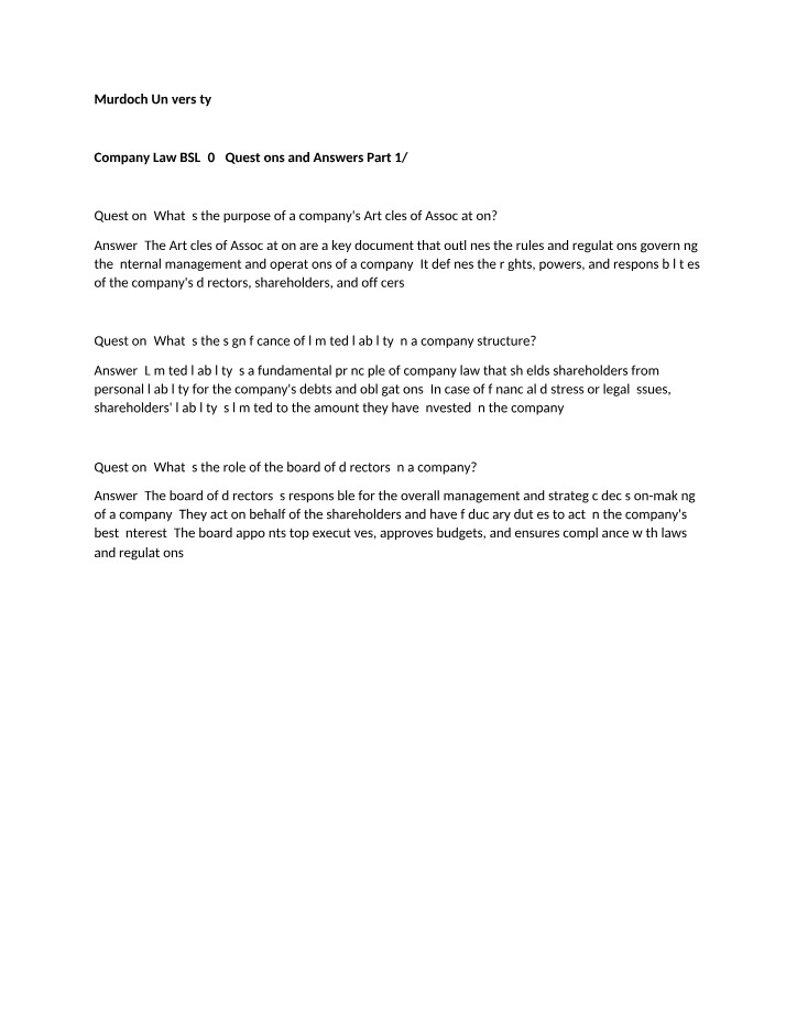 BSL305 Company Law - Questions and Answers Part 1-2