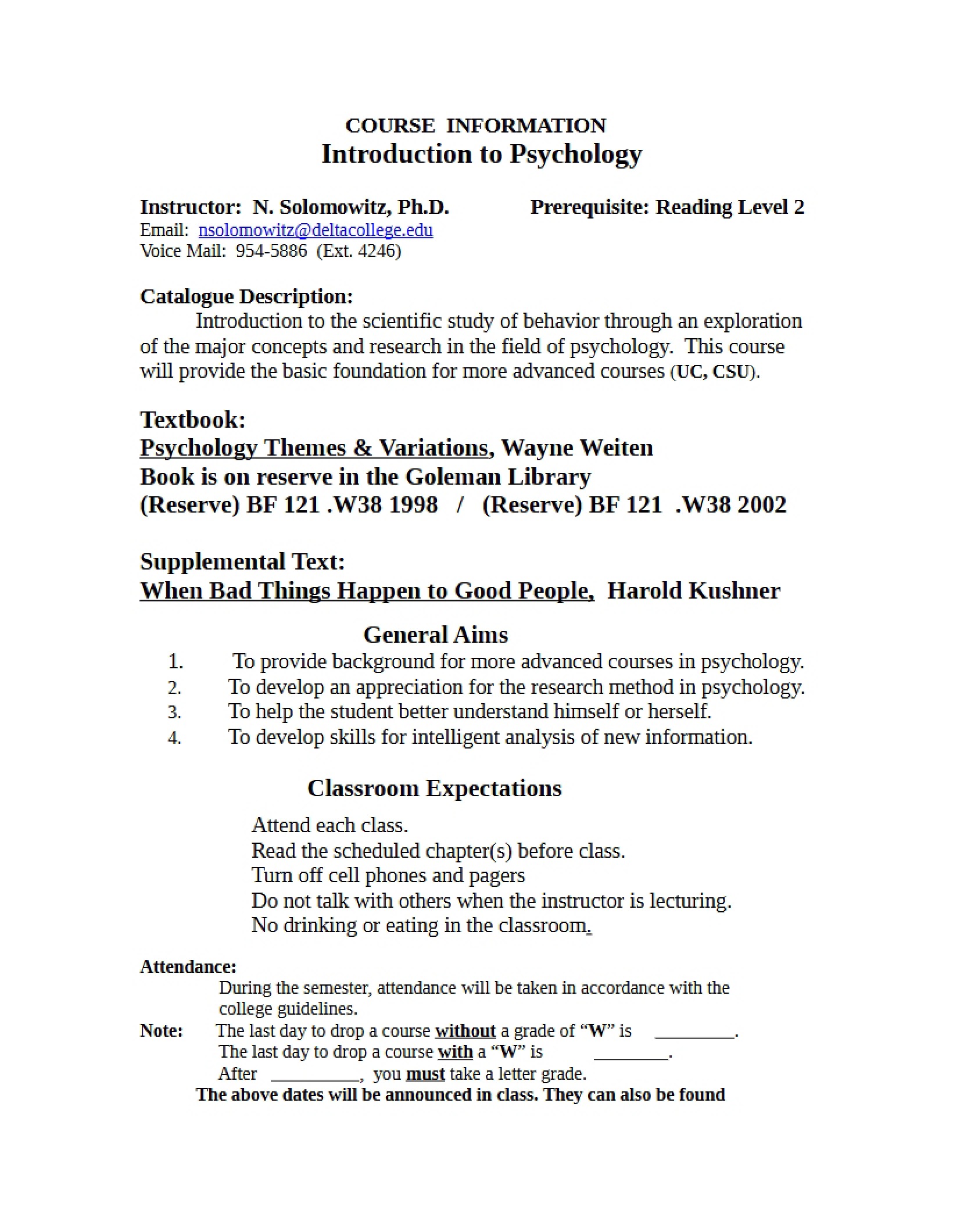 Psychology Course Details