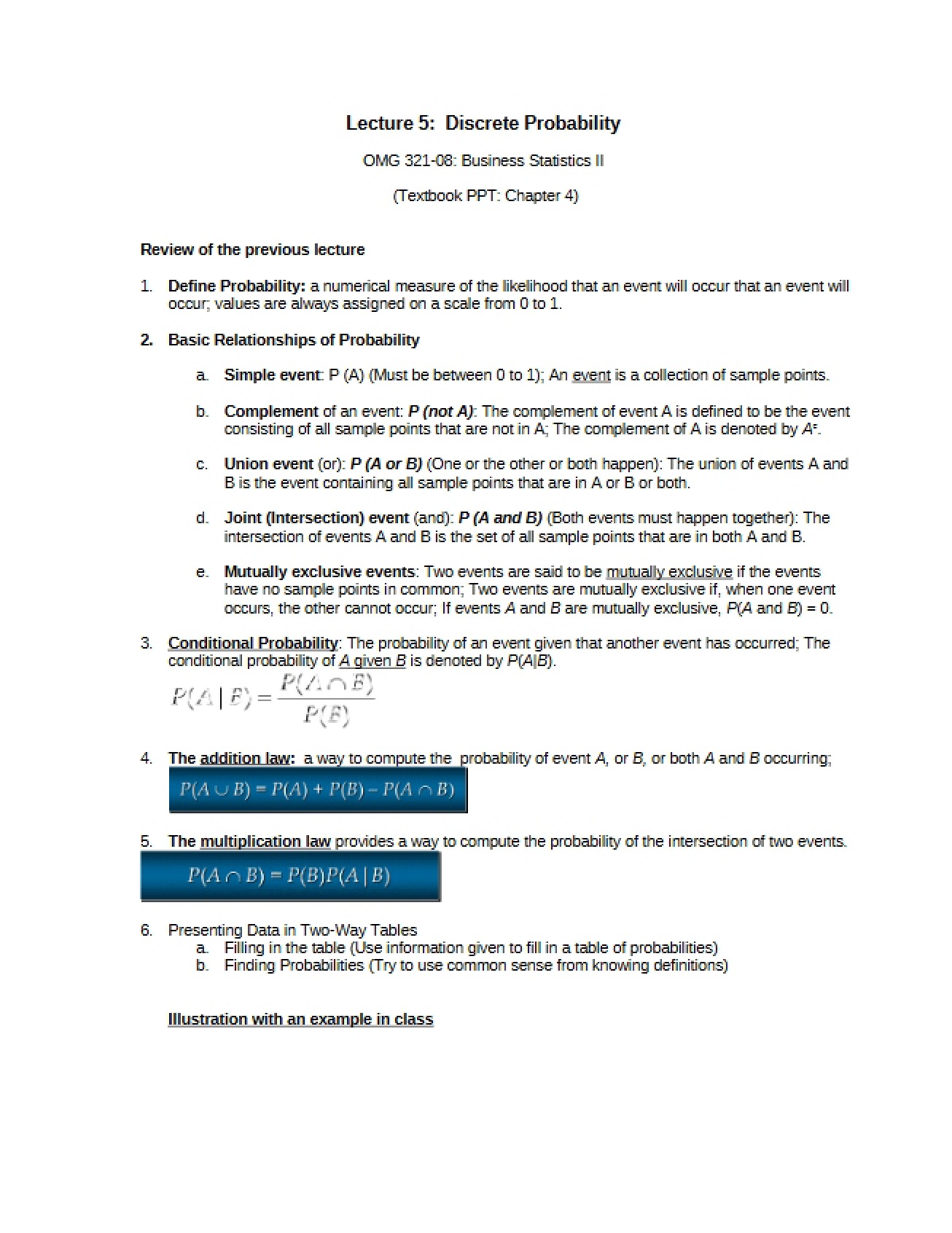 Probability of Discrete Variables Lecture 5