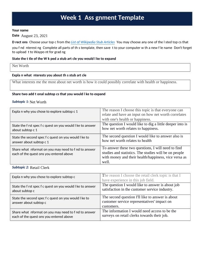 Assignment Template for Week 1