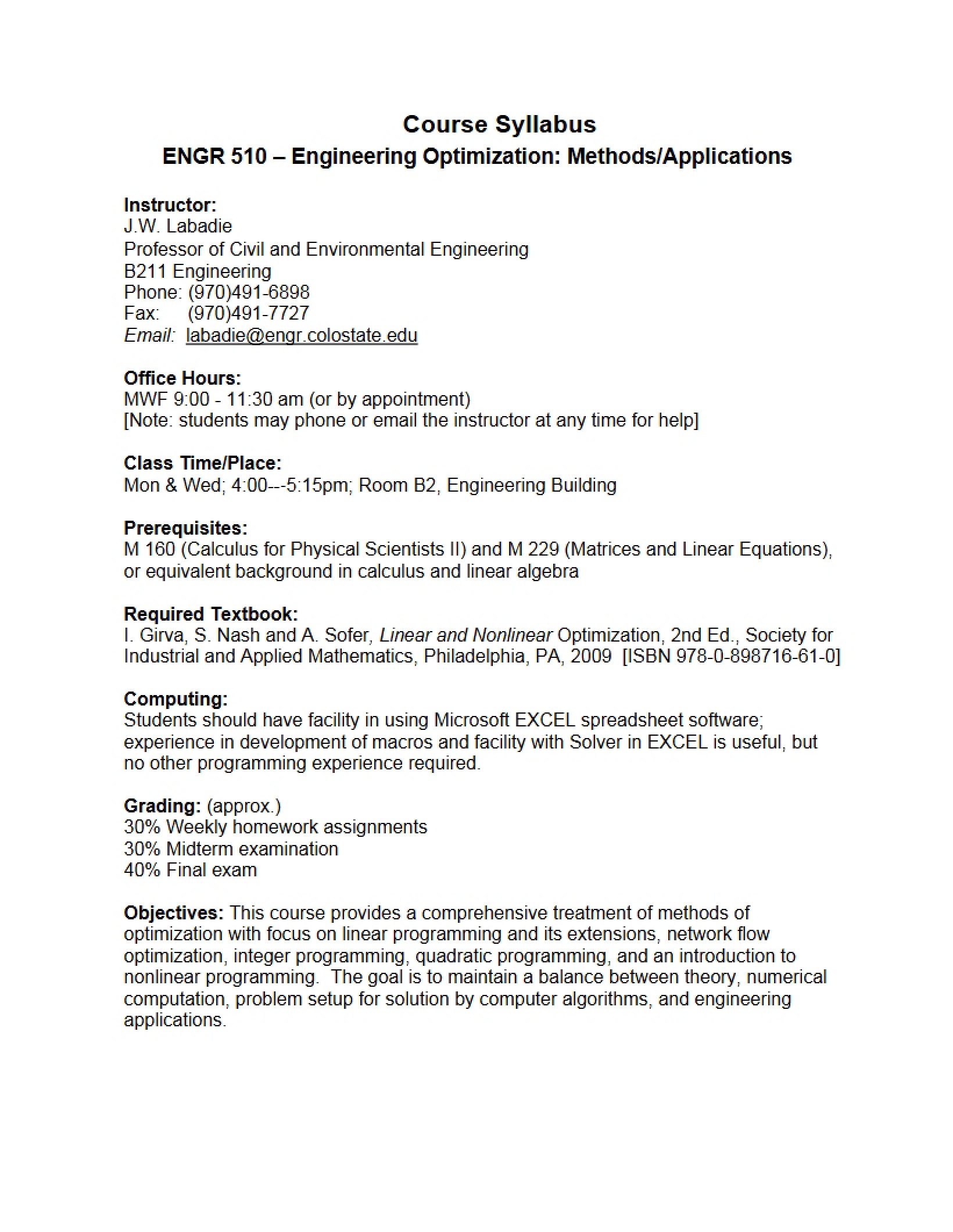 Syllabus for Engineering Optimization
