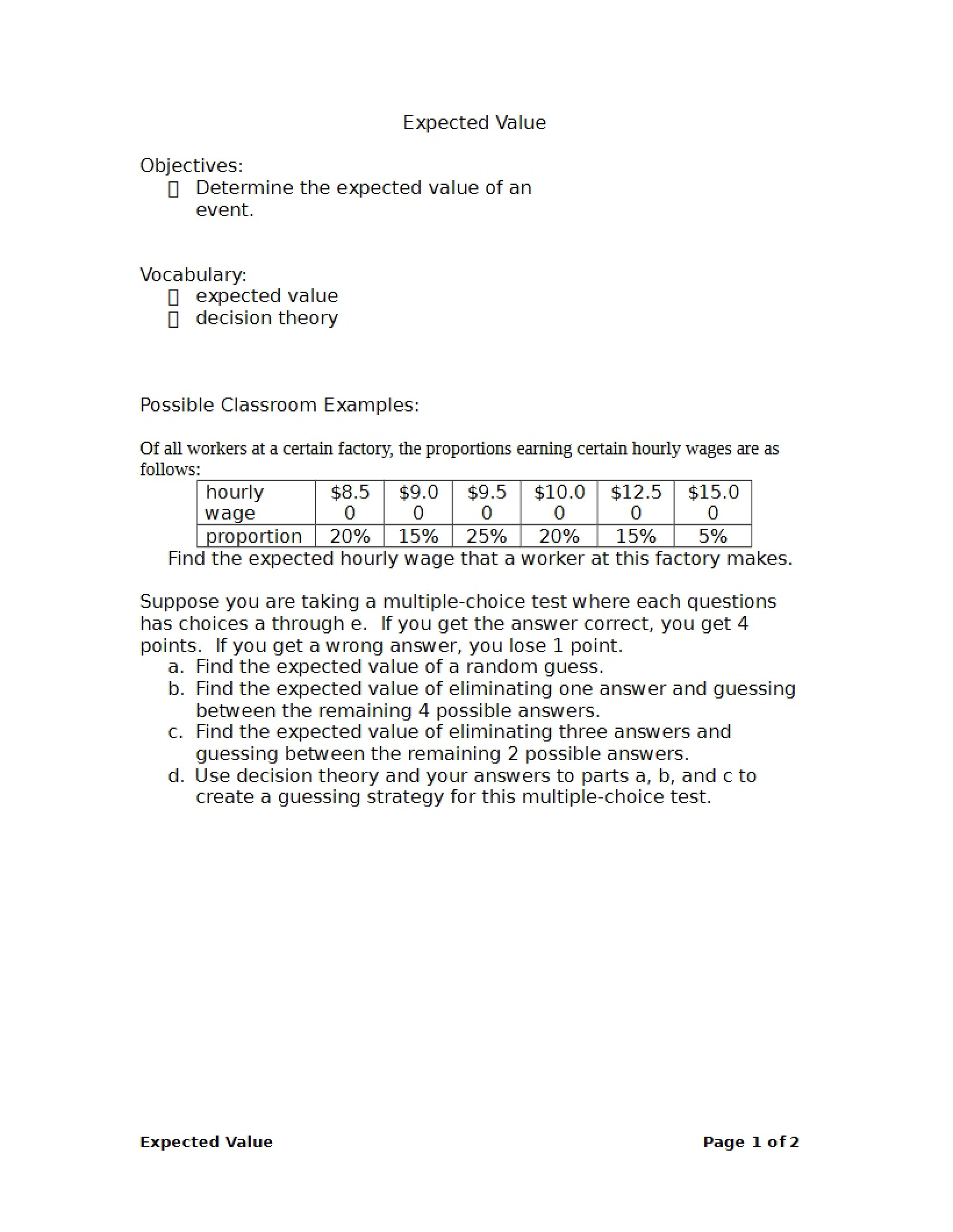 Value Expectation - 2 Pages