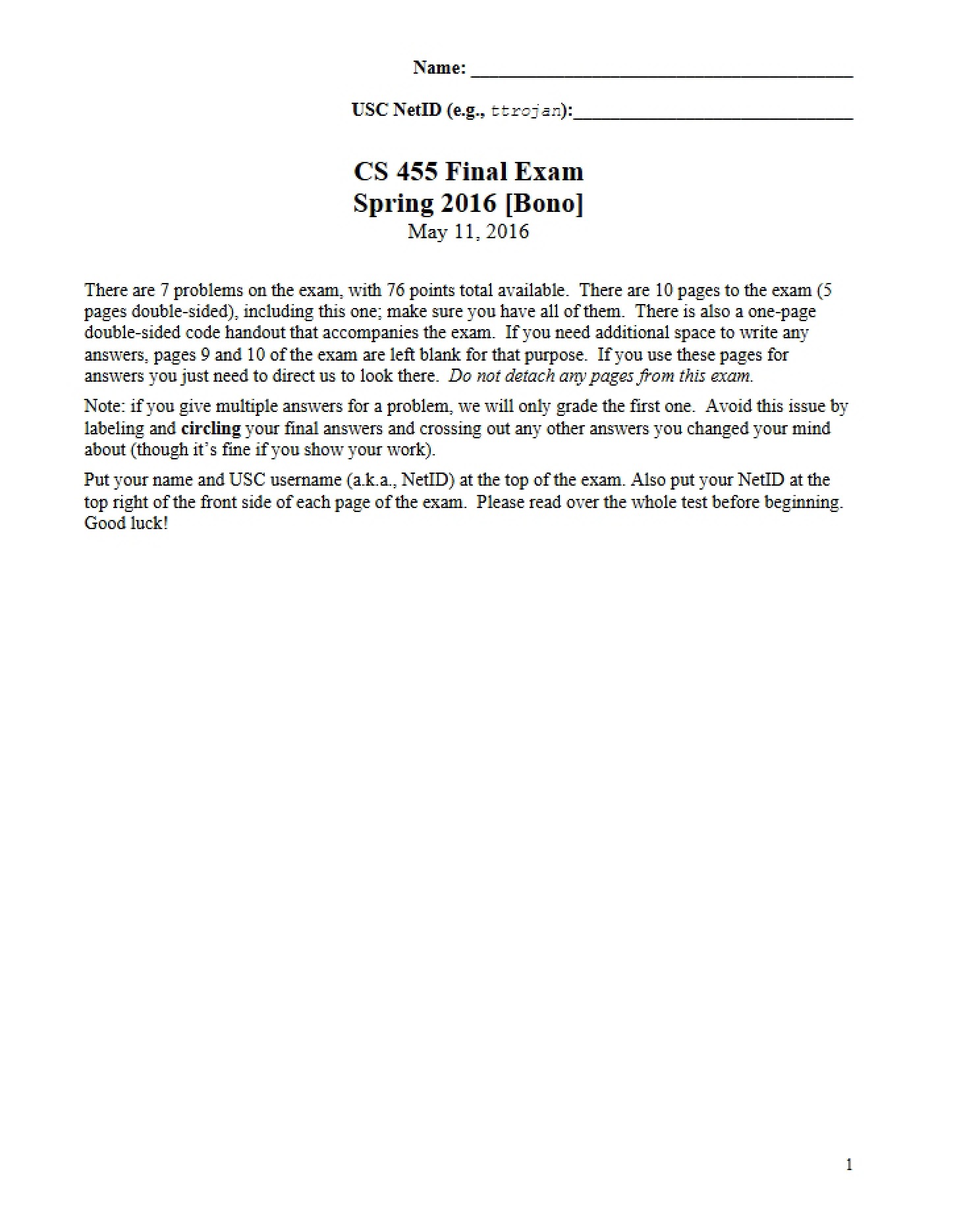 Final Exam Spring 2016 (CS 455)