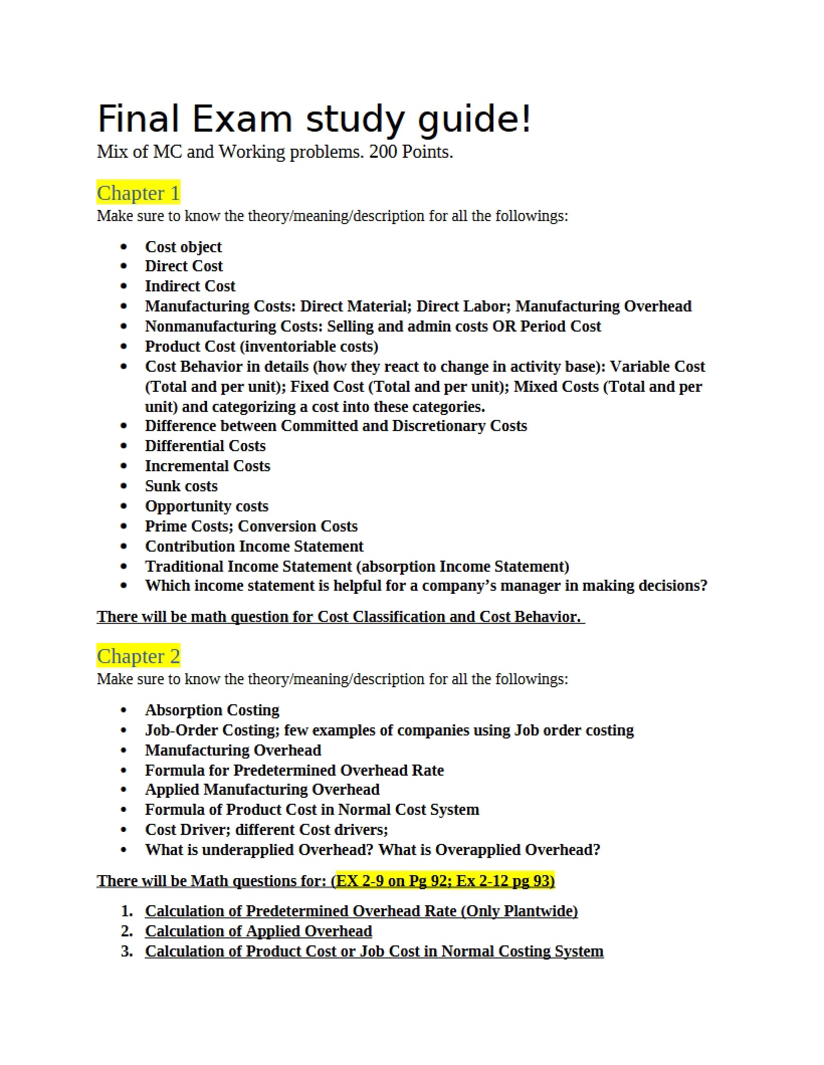 Study Guide for Final Exam