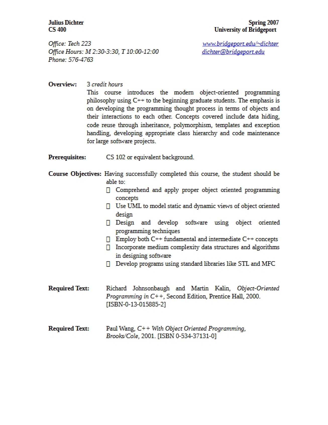 Object Oriented Programming Syllabus