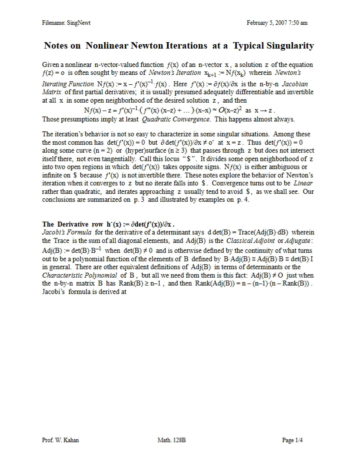 Typical Singularity Nonlinear Newton Iteration Notes