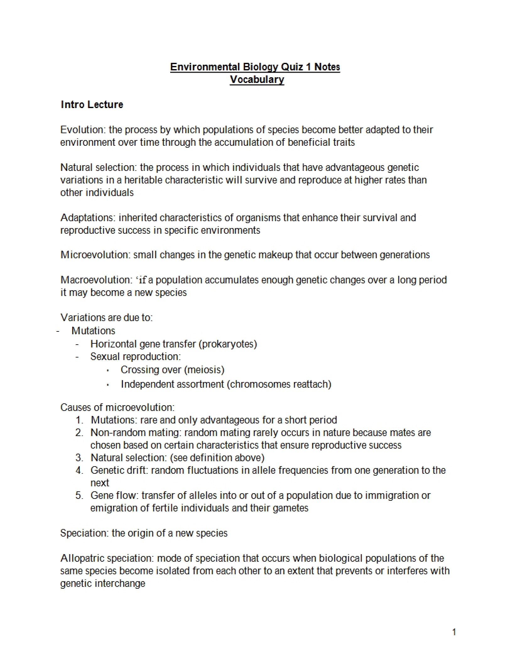 Quiz One Notes Environmental Biology