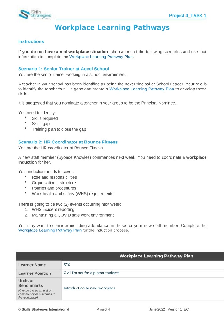 Workplace Learning Pathway Plan - Developing Senior Skills