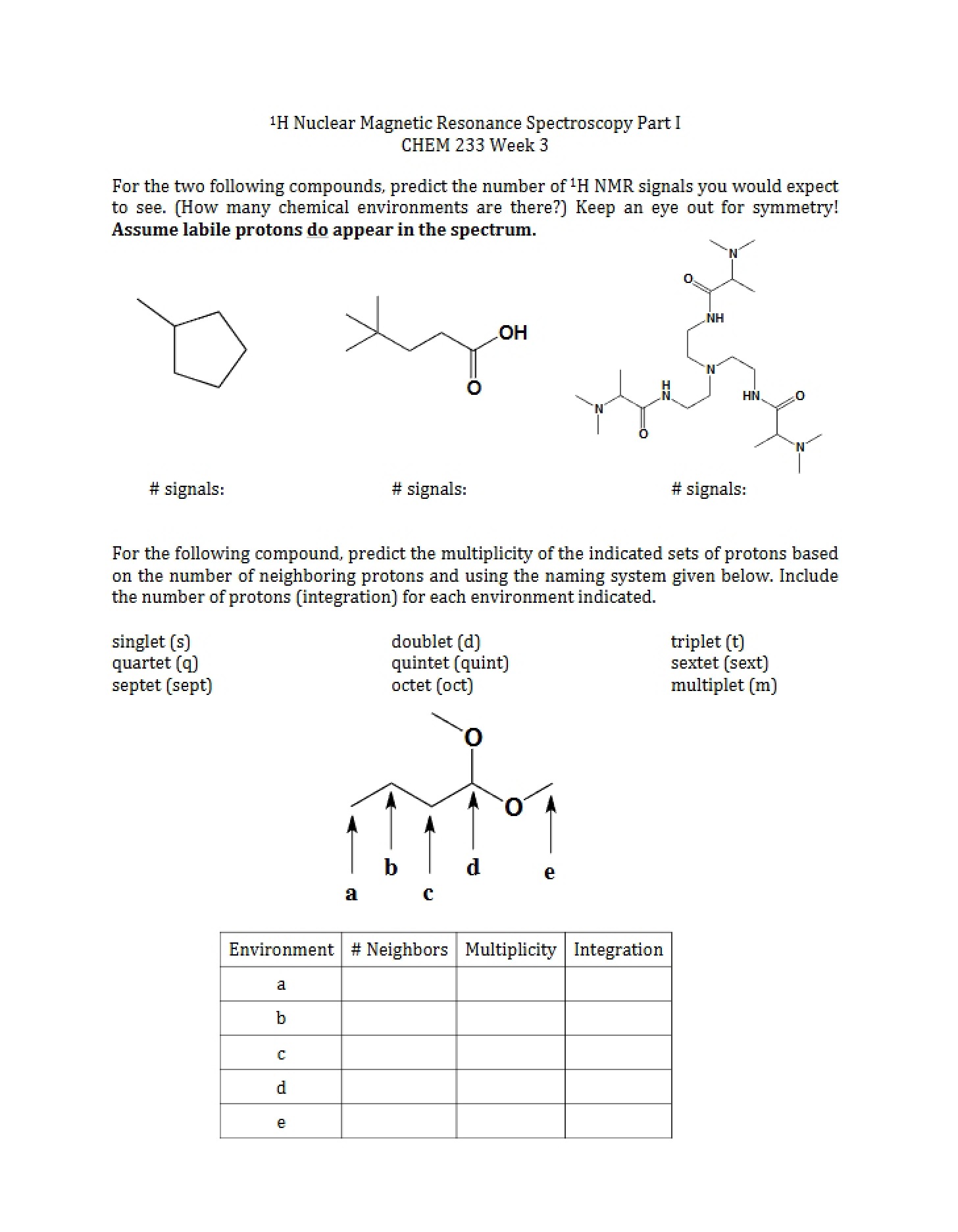 1H NMR Part I (Lecture 3 Worksheet)