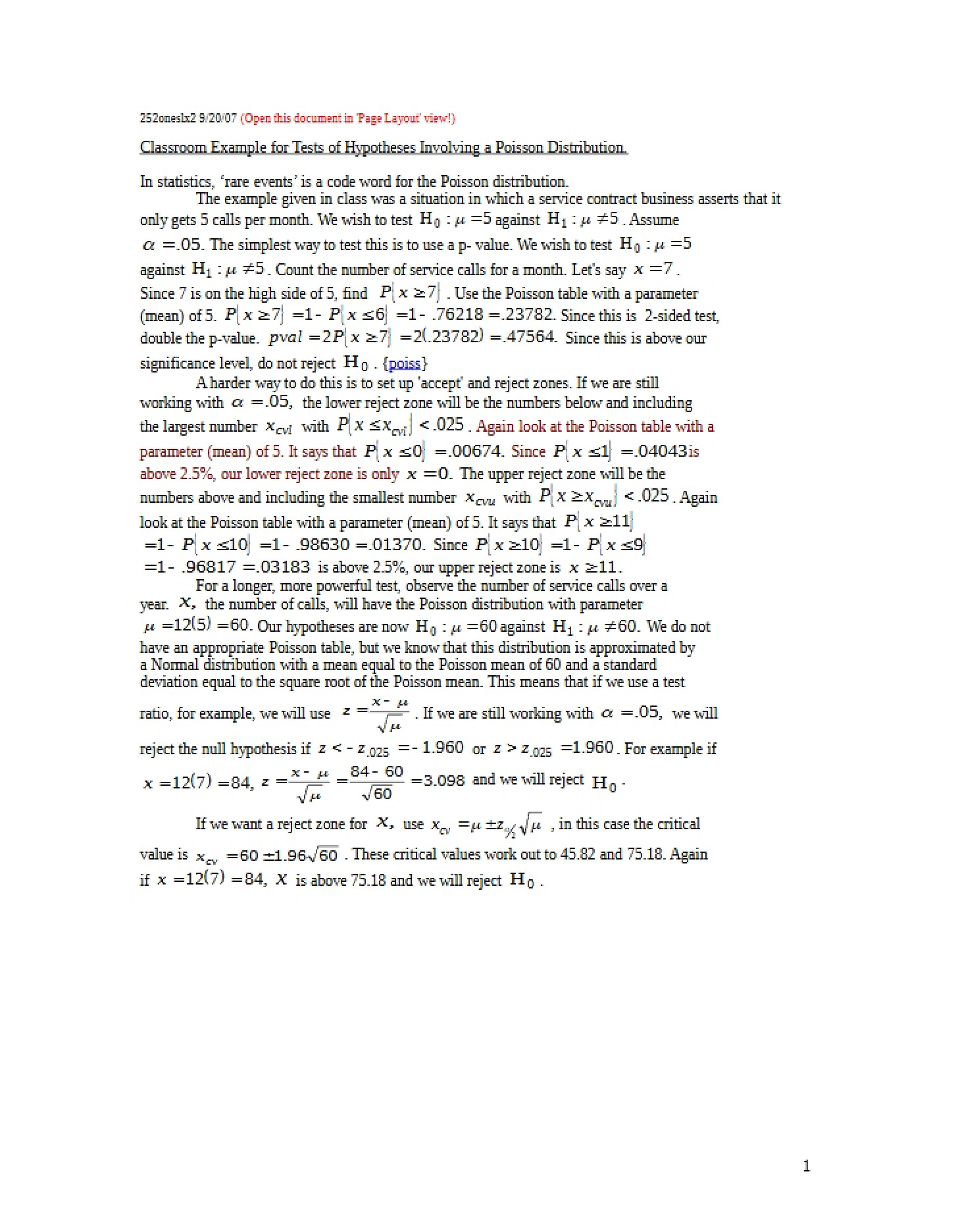 Poisson Distribution Hypothesis Testing Example