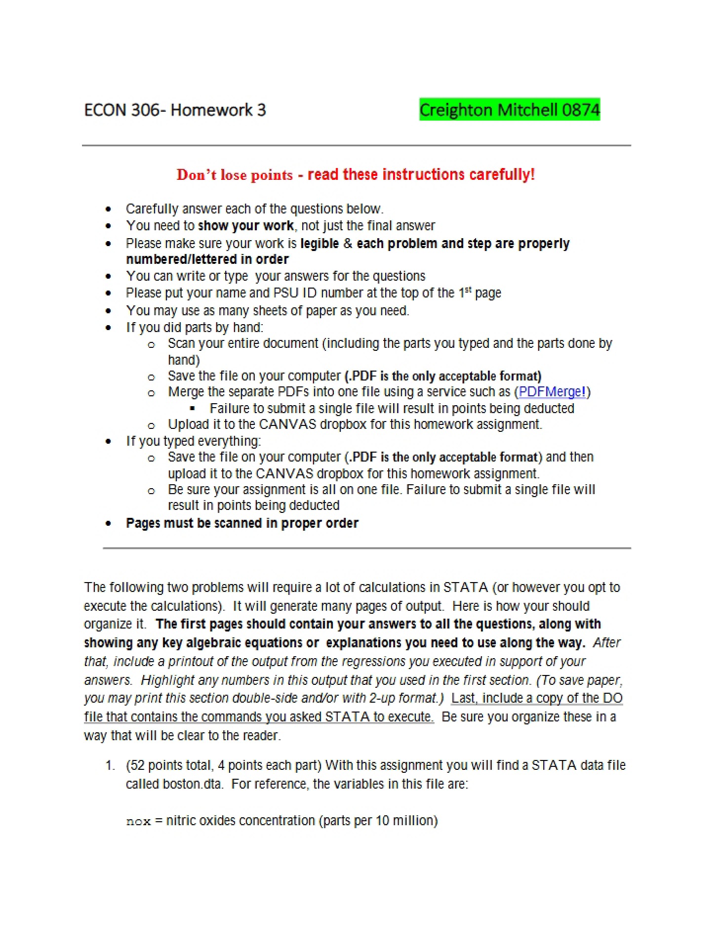 Third Homework Assignment - ECON 306