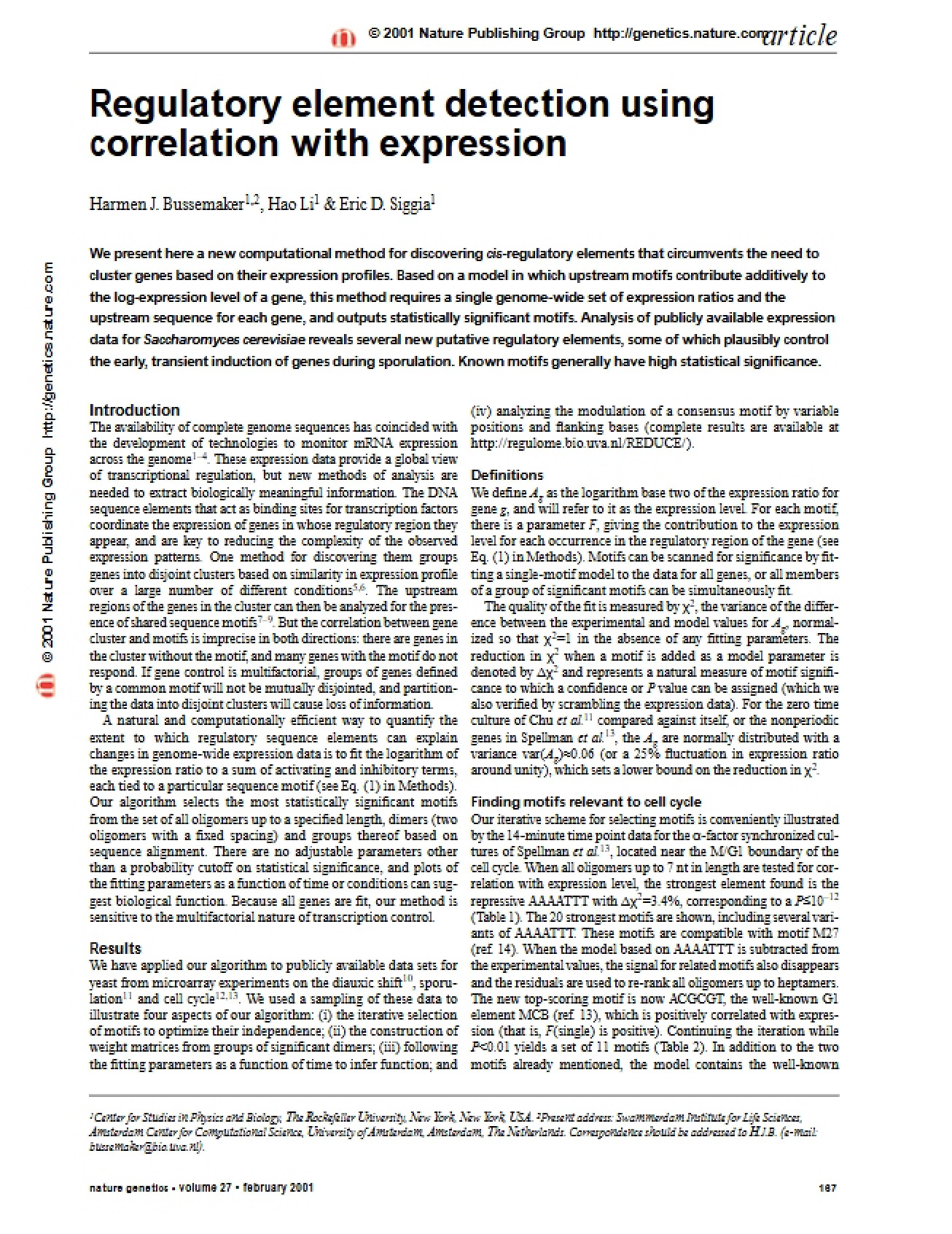 Detecting Regulatory Elements via Expression Correlation