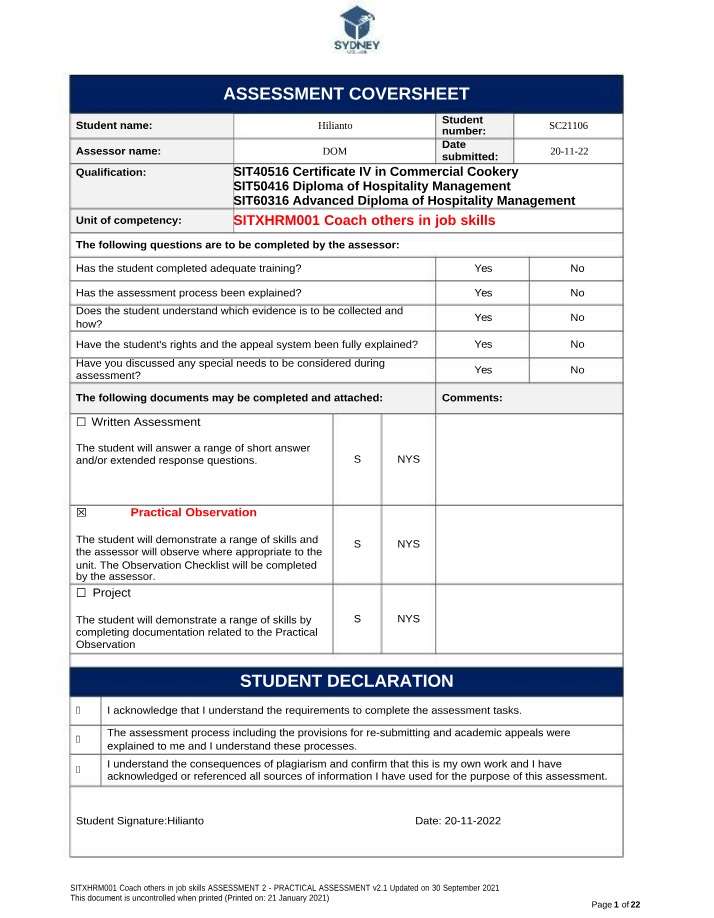 SITXHRM001 Practical Assessment 2 - Coach Others in Job Skills