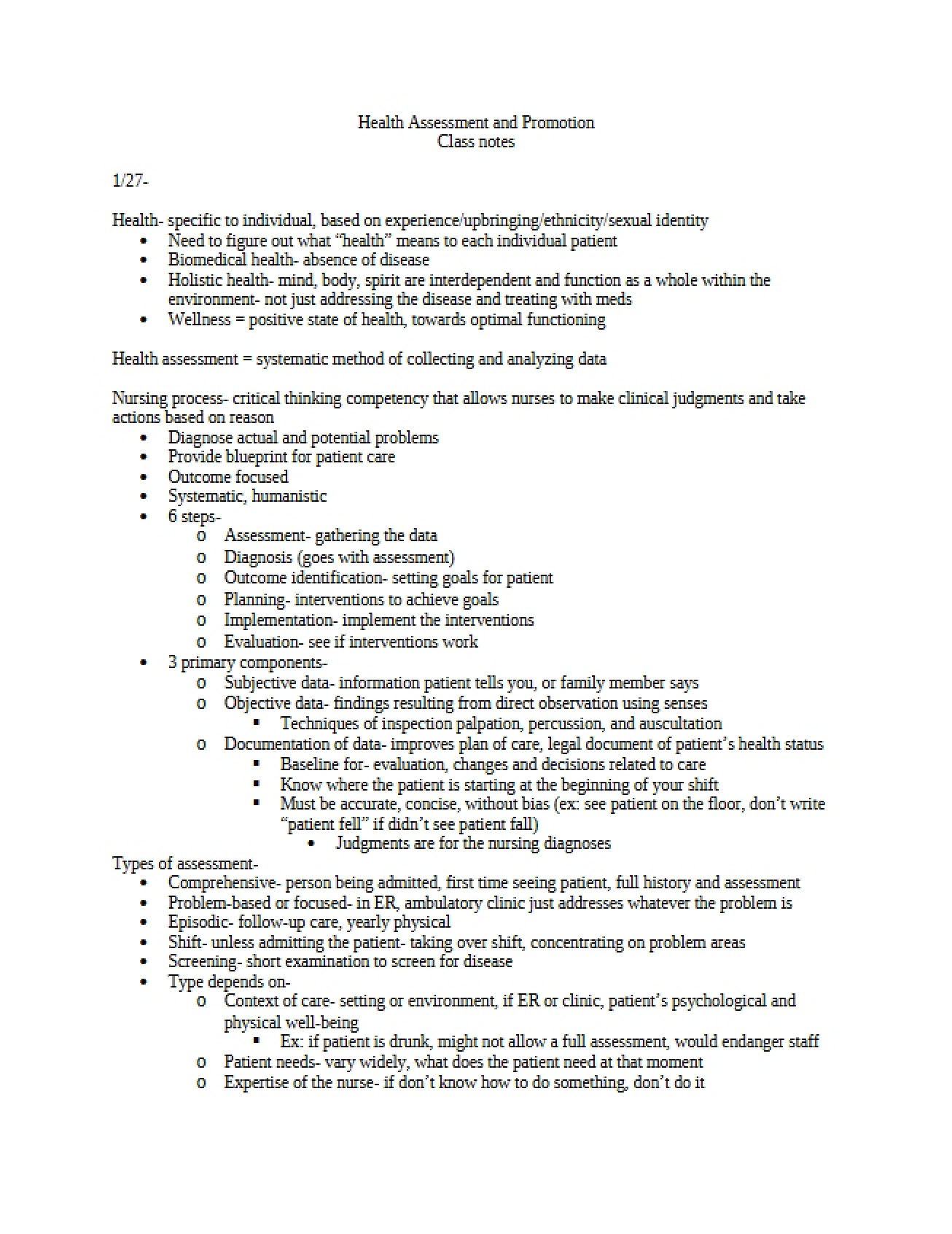Promotion of Health and Assessment
