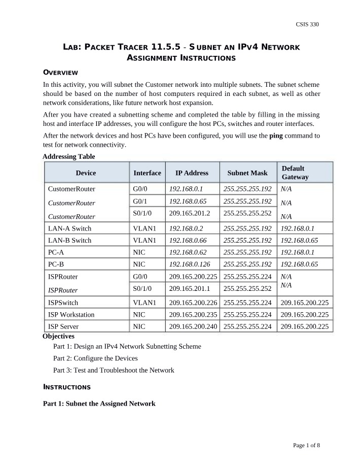 CSIS 330 Lab - Designing an IPv4 Network Subnetting Scheme