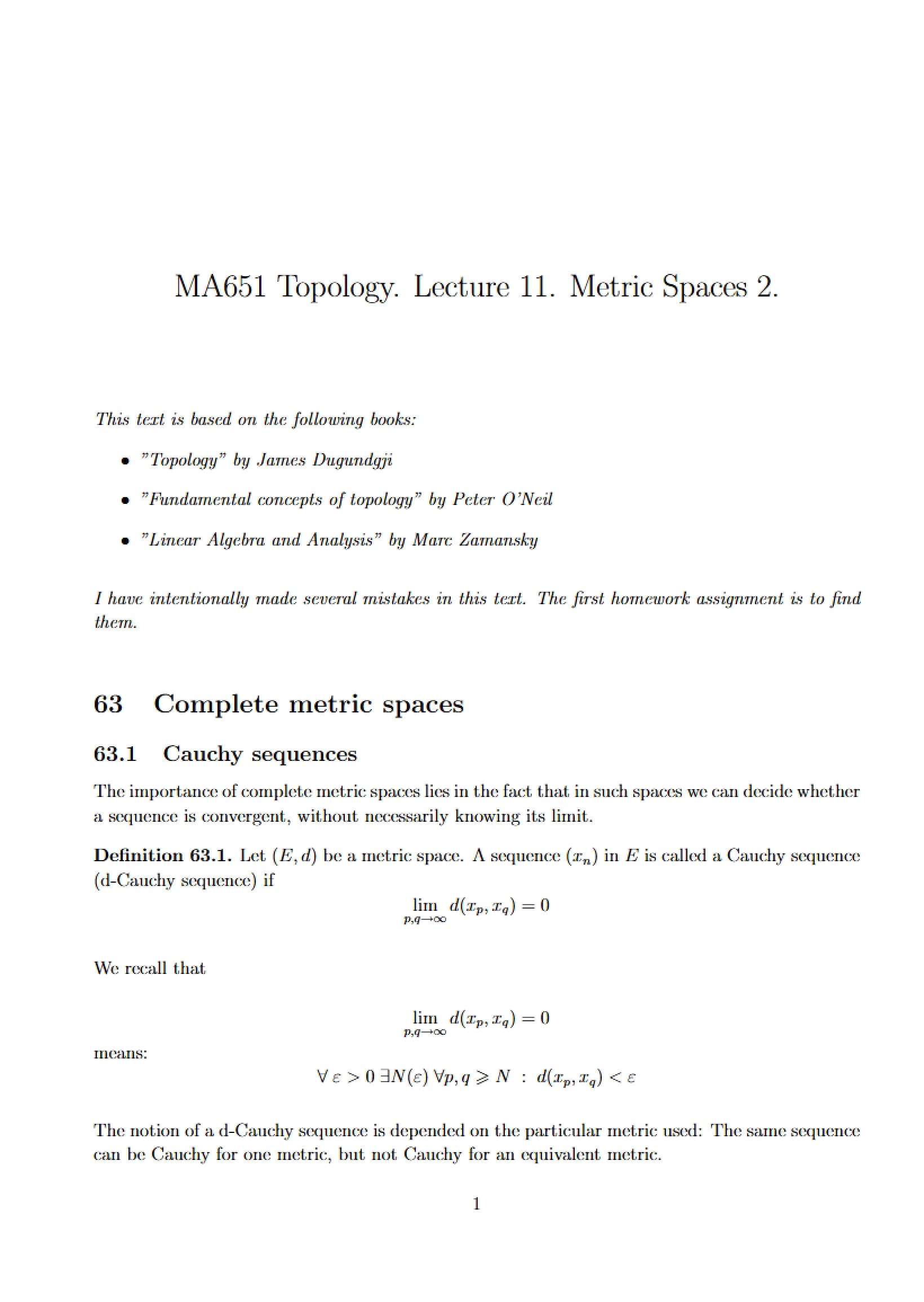 Metric Spaces Part 2 (Lecture 11)
