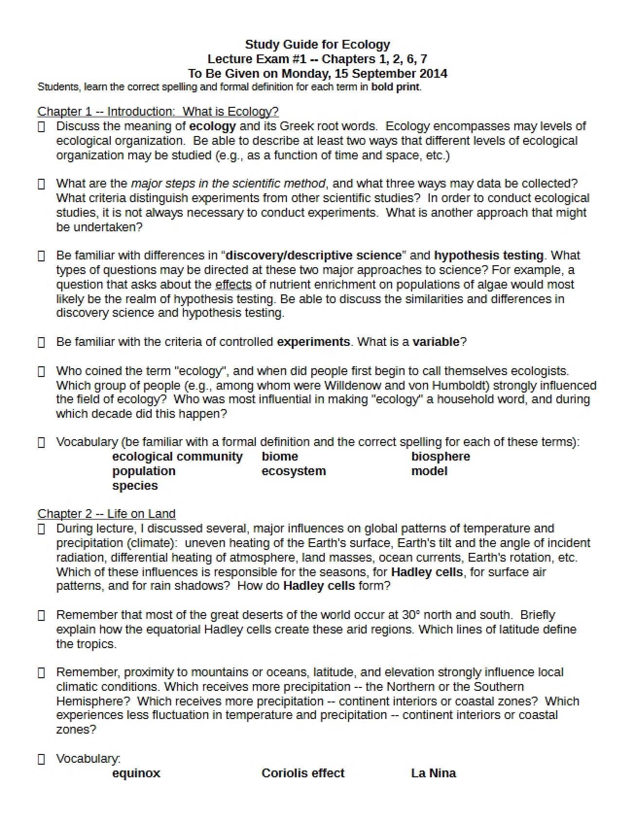 Lecture Exam 1 Principles of Ecology