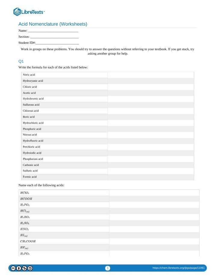 Worksheets for Acid Nomenclature