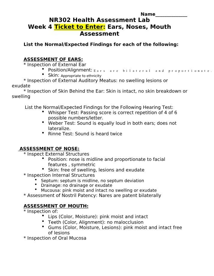 Ears, Noses, and Mouth Assessment - Normal Findings