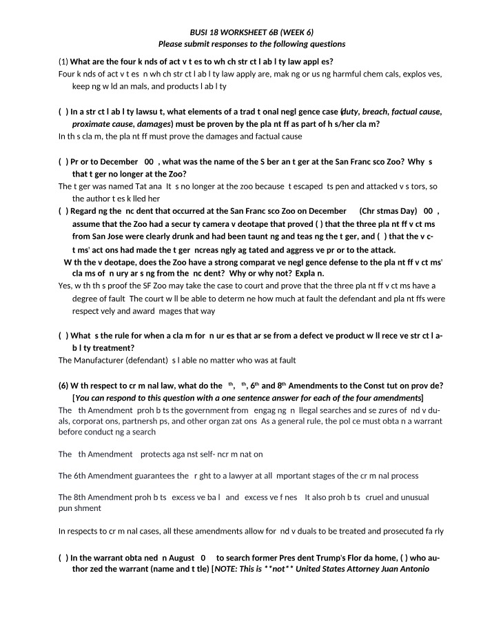 BUSI 18 Week 6 - Strict Liability Law Worksheet