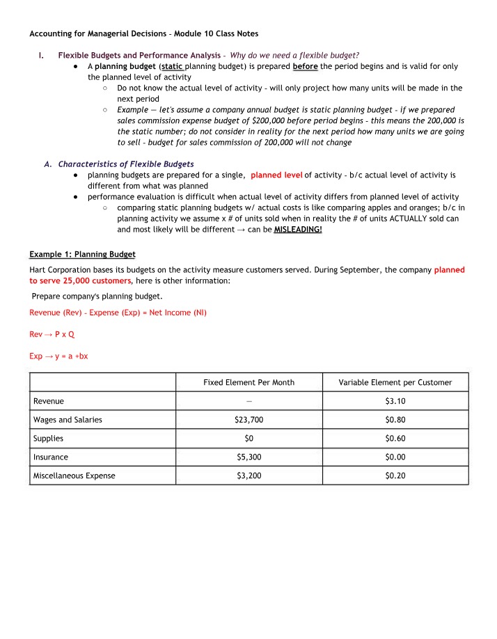Module 10 Class Notes - Accounting for Managerial Decisions