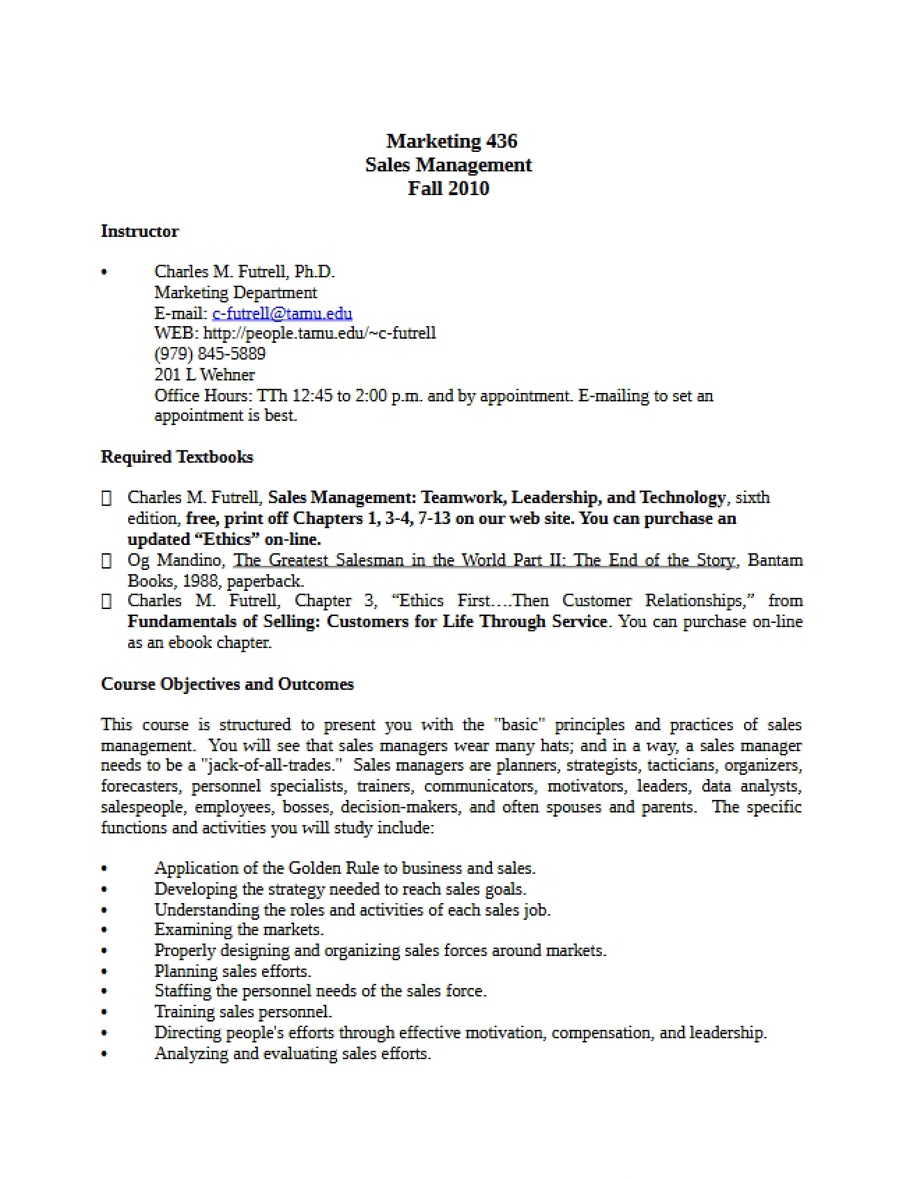 Sales Management Course Syllabus