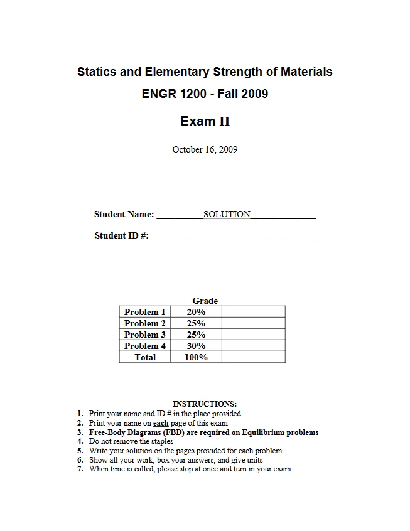 Fall 2009 Engineering Exam 2