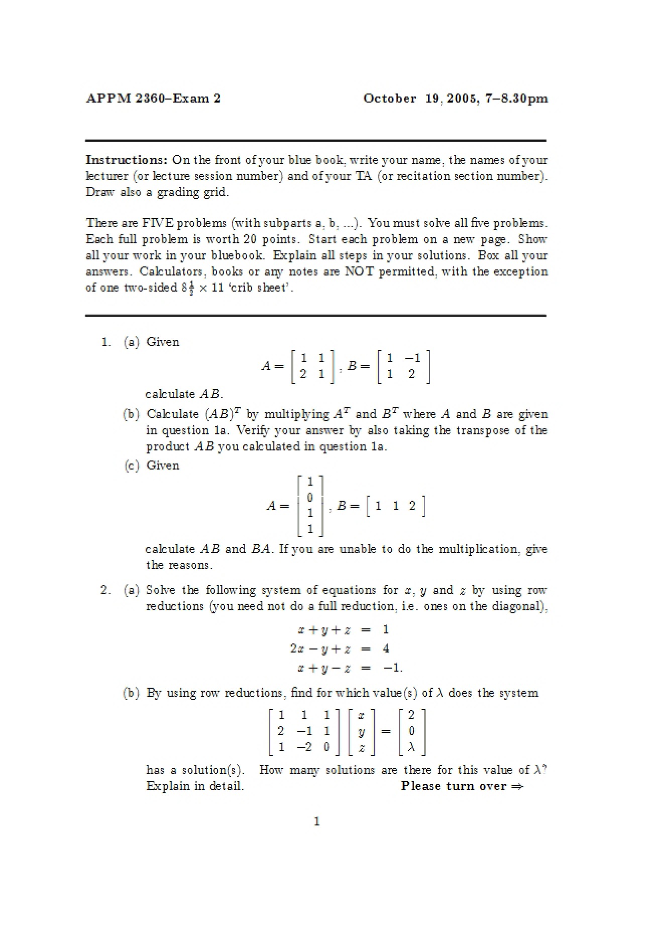 Exam on Differential Equations (2f)