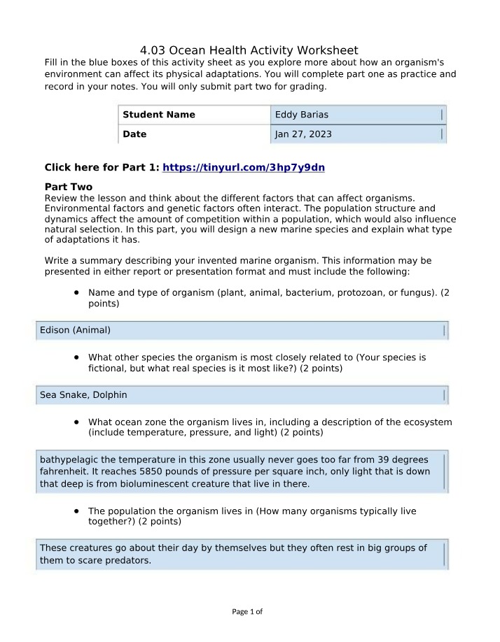 Worksheet for Ocean Health Activity