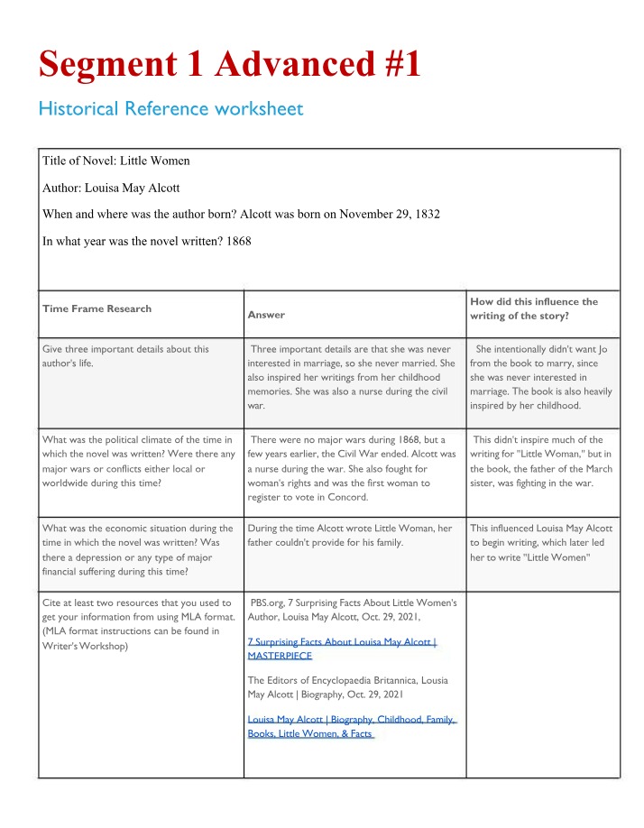 Historical Reference Worksheet - Little Women