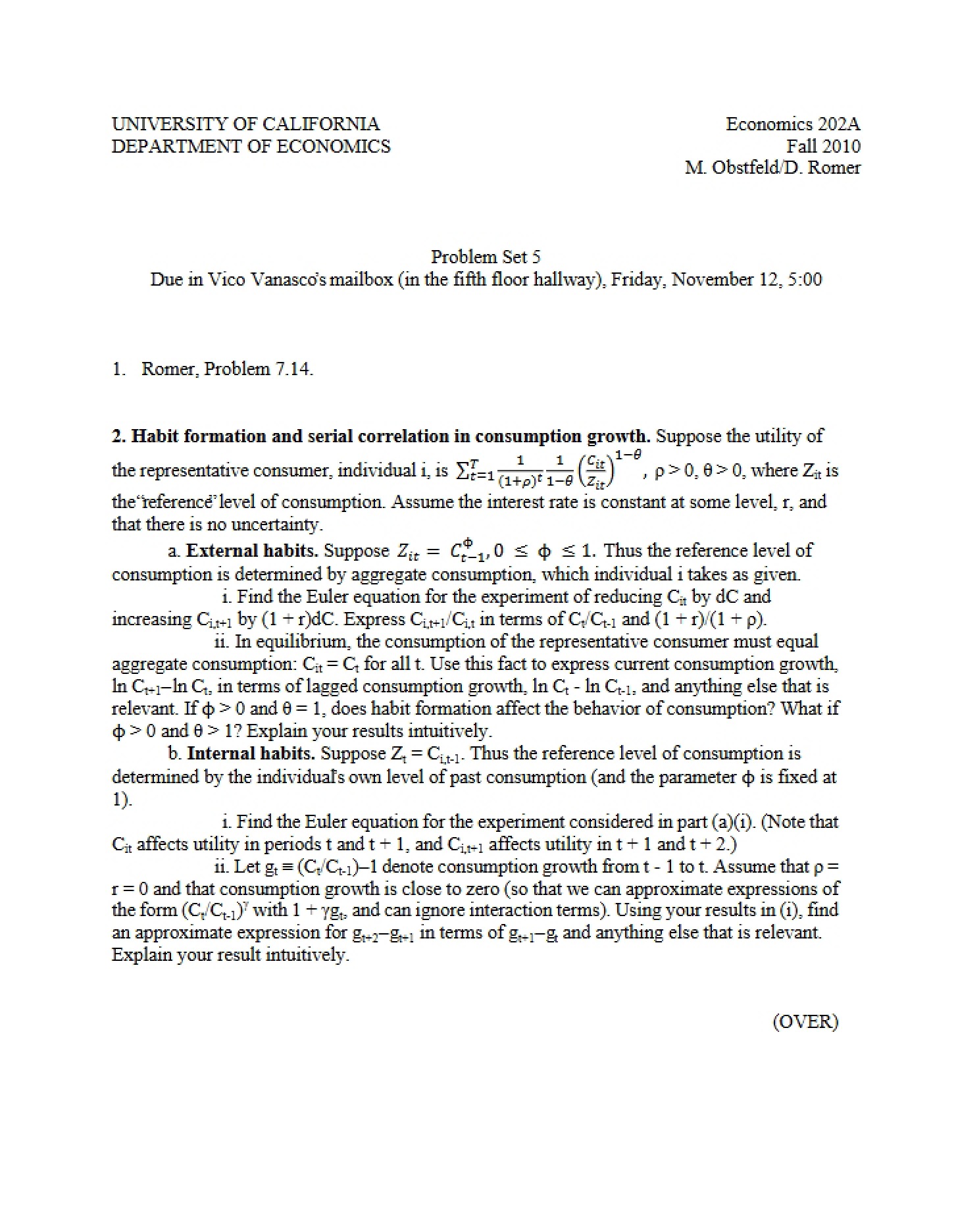 Assignment 5 for ECON 202A