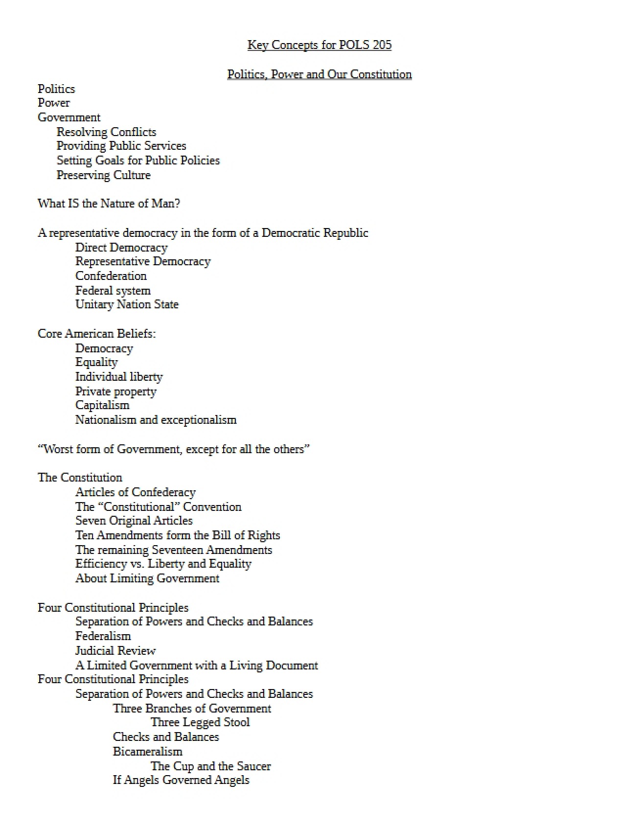 List of Key Concepts for American Government