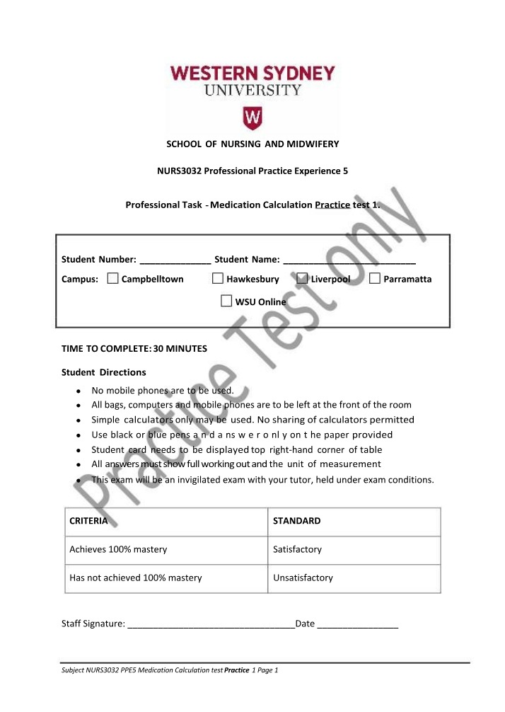 Practice Test 1 for Medication Calculation