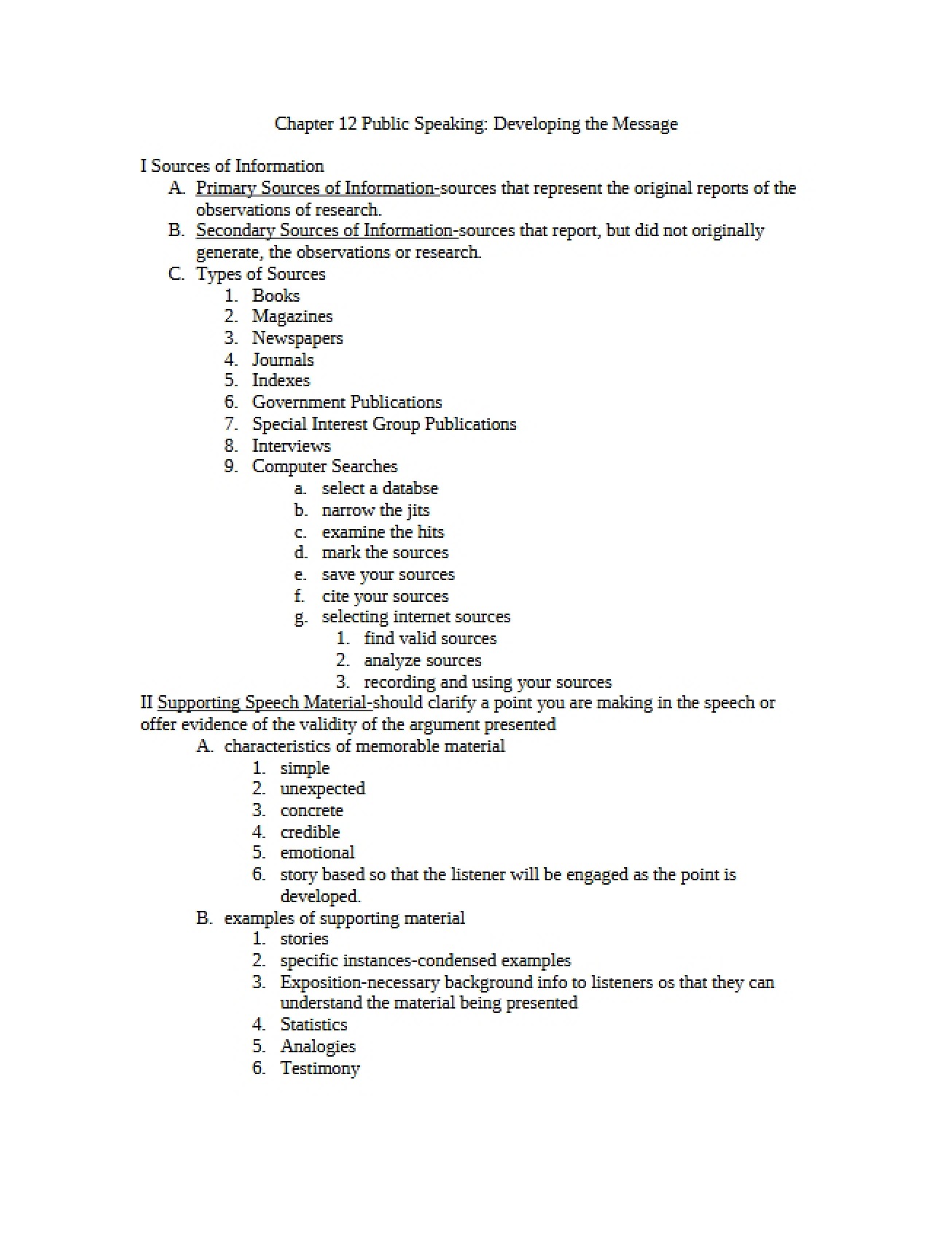 Developing the Message for Public Speaking from Chapter Twelve