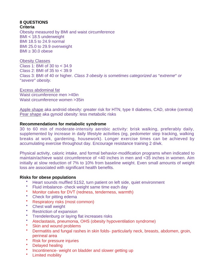 Obesity Risks, Criteria, and Recommendations