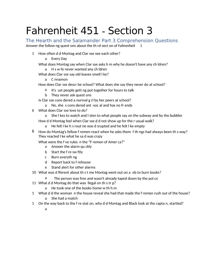 Comprehension Questions for Fahrenheit 451 Section 3