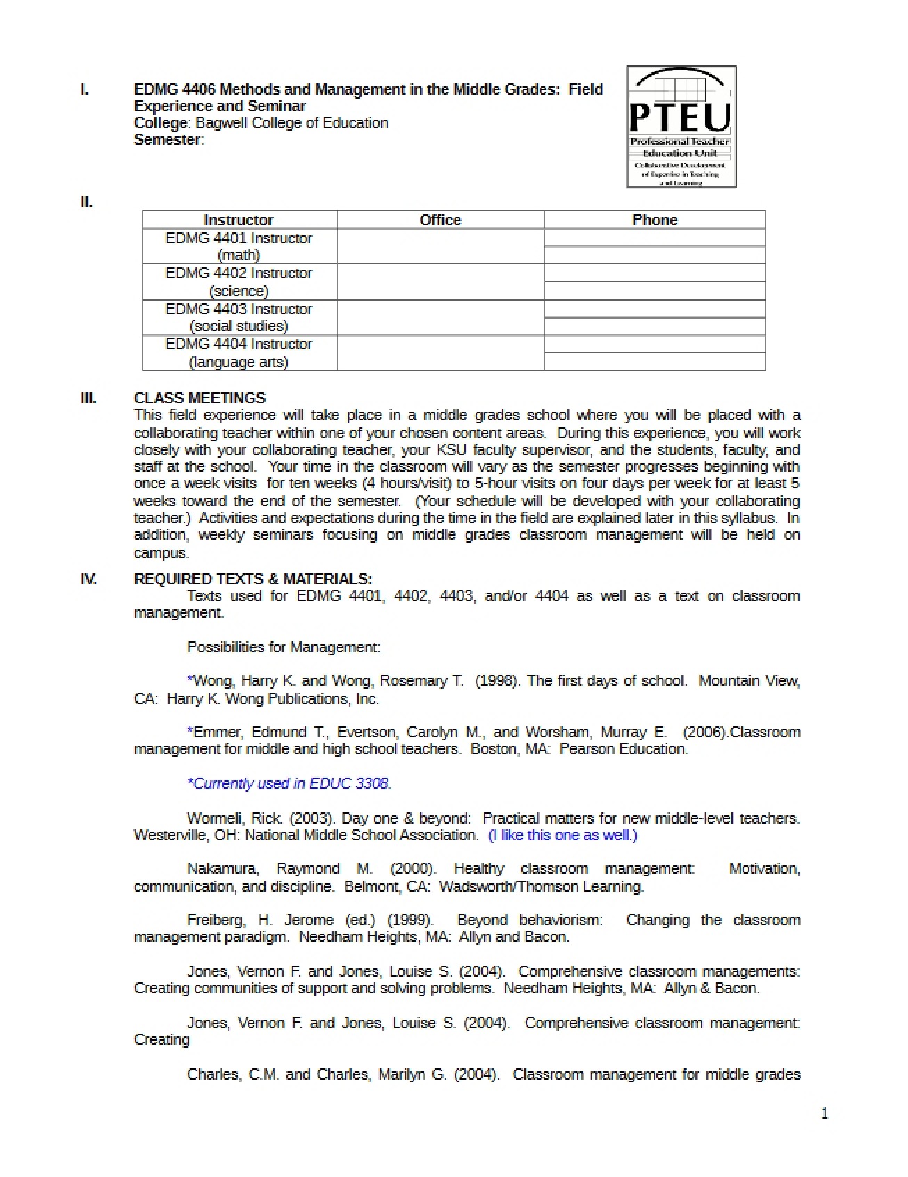 Course Outline for Methods and Management in Middle Grades Field Experience