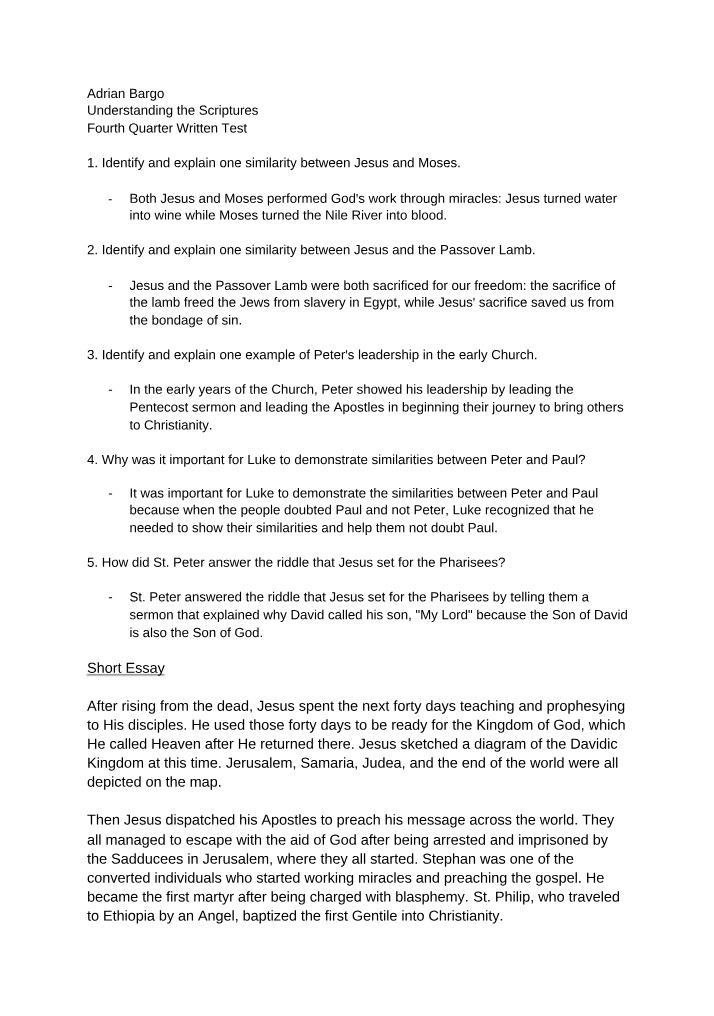 Fourth Quarter Written Test - Understanding the Scriptures