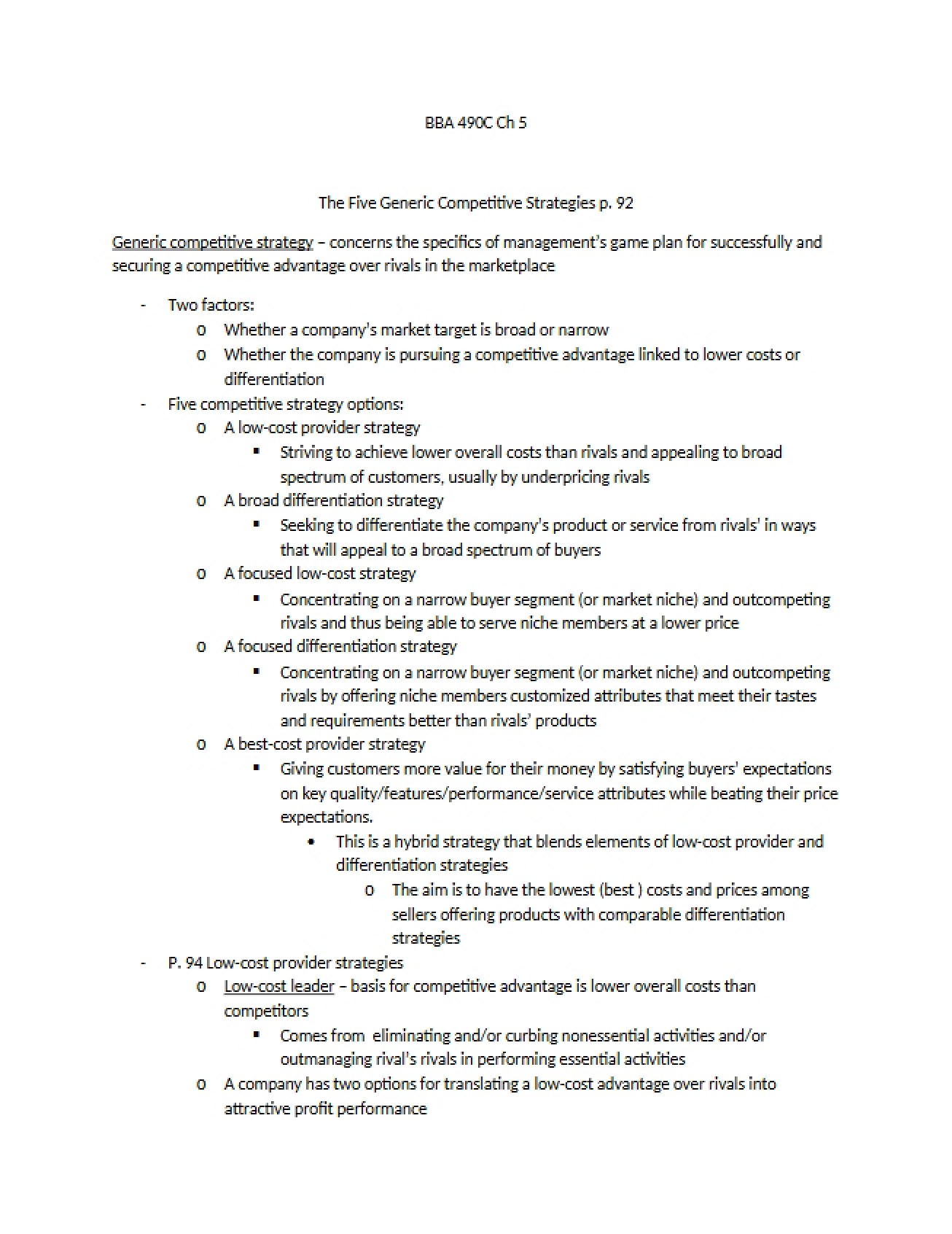 Five Generic Competitive Strategies