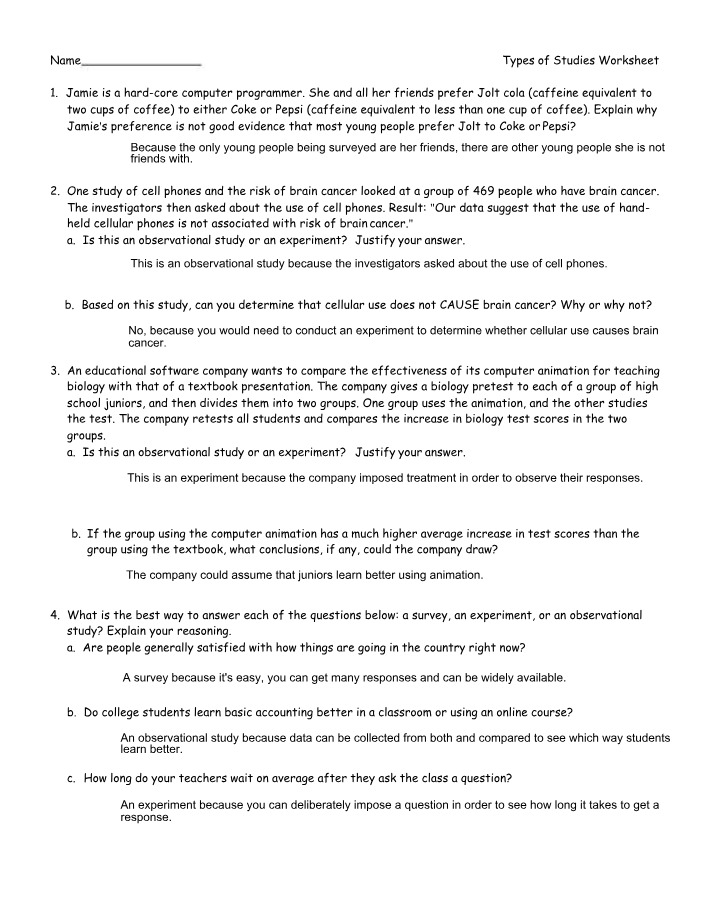 Worksheet on Types of Studies