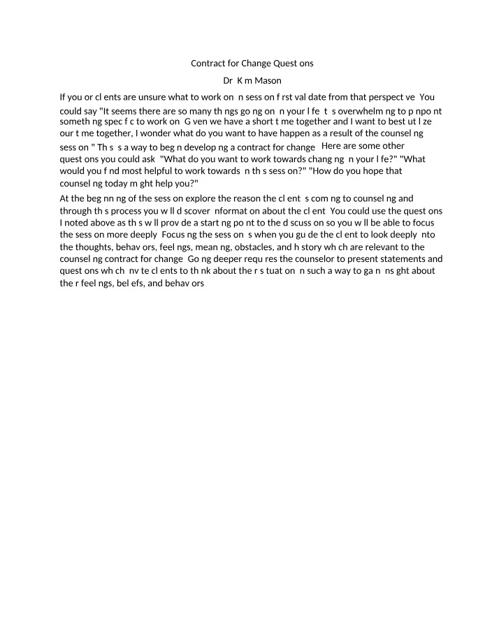 Questions for the Contract for Change