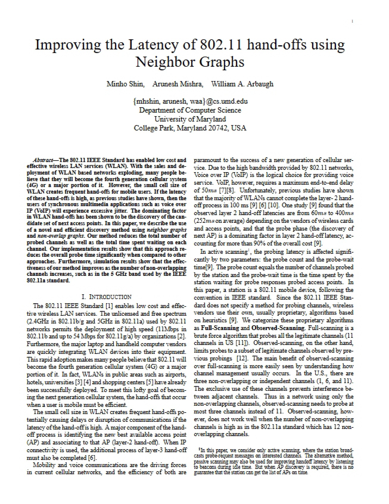 Improving the Latency of 802.11 Hand-offs using Neighbor Graphs - CSE 3300