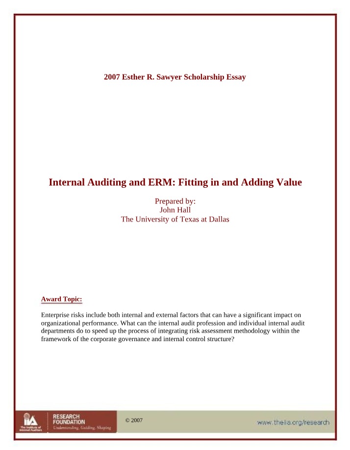 ERM and Internal Auditing - Fitting In and Adding Value