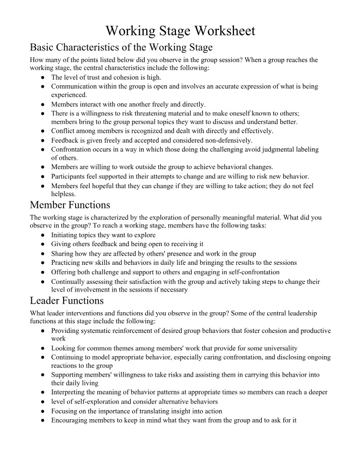 Worksheet for the Working Stage