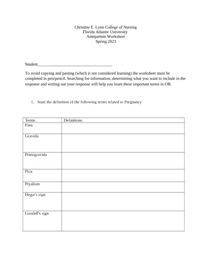 Worksheet - Antepartum