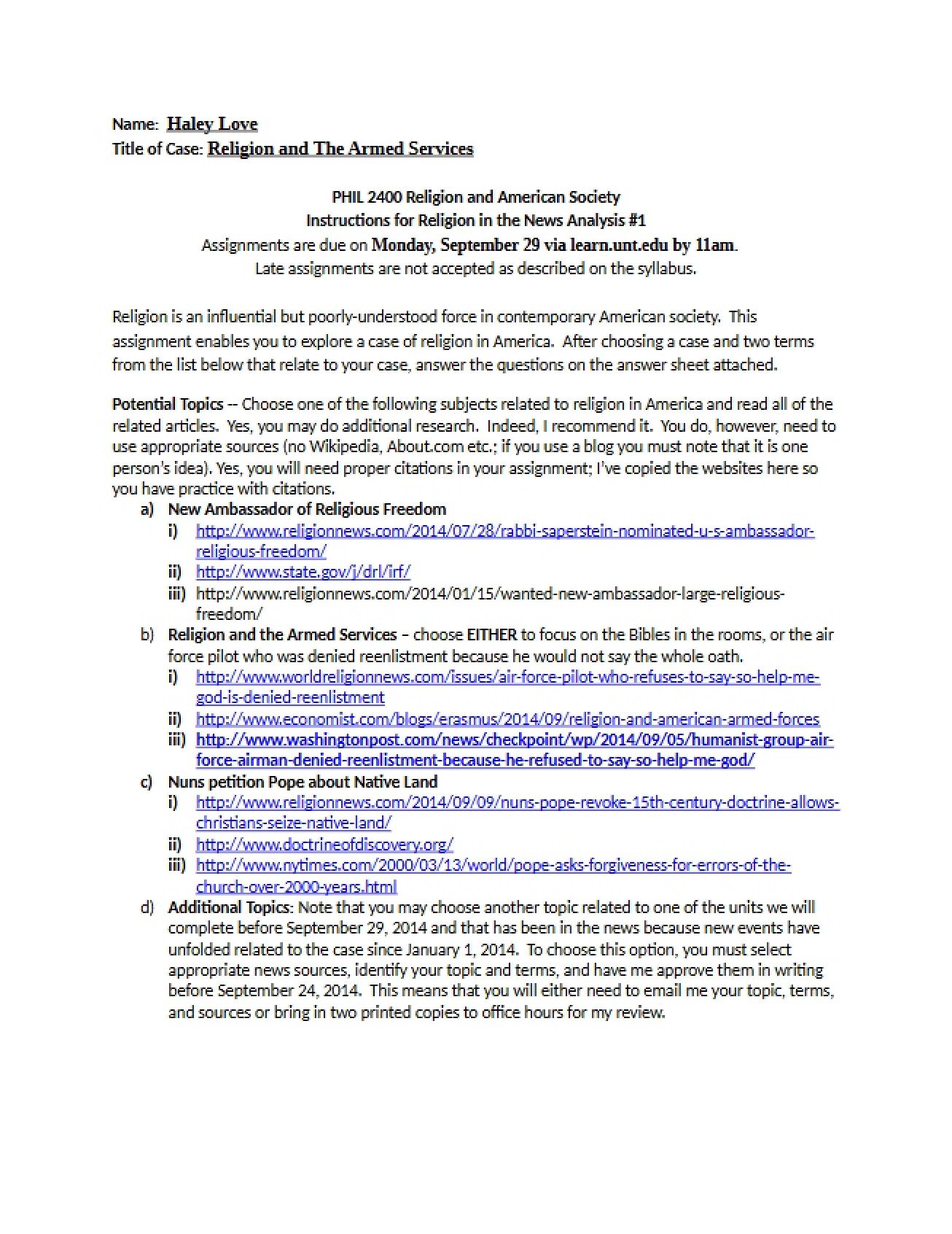 Assignment Sheet Religion in the News