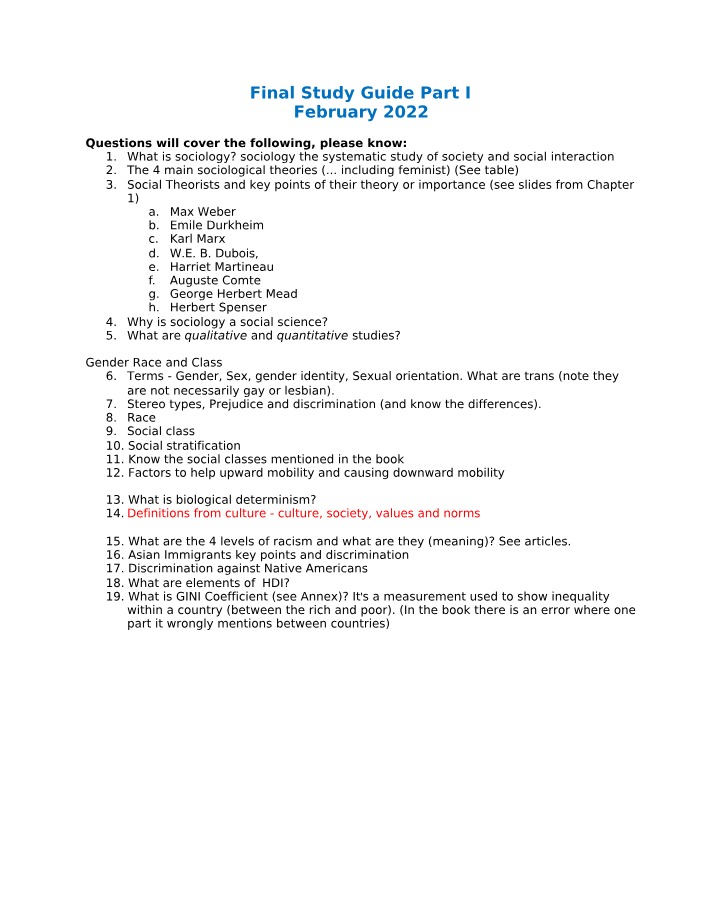 Sociology Theories and Social Classes - A Study Guide