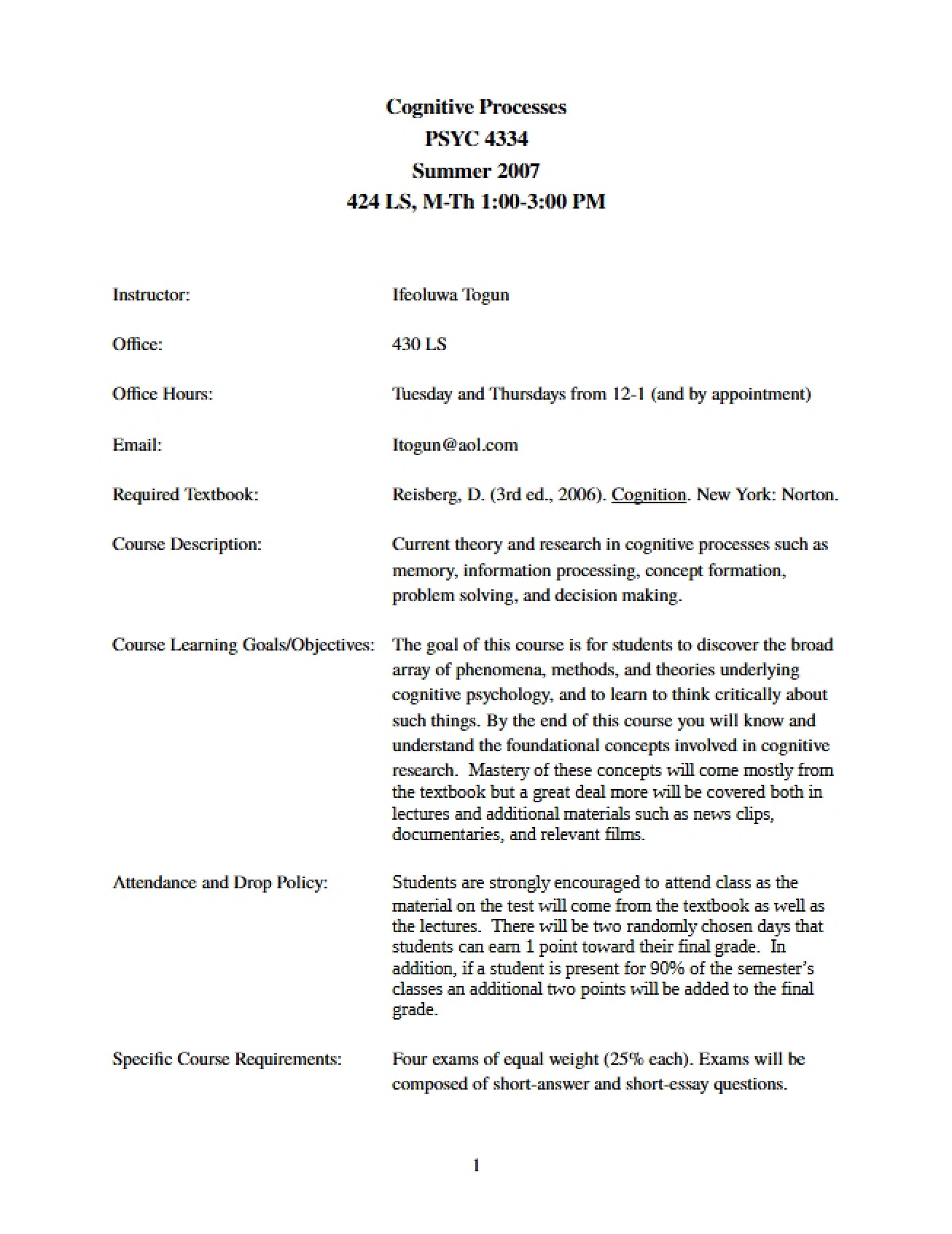 Cognitive Processes Class Syllabus